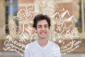Benjamin Krut, in a white t-shirt, stands in front of a brick building. A hand-drawn illustration depicting all four of his majors is overlayed over the photo.